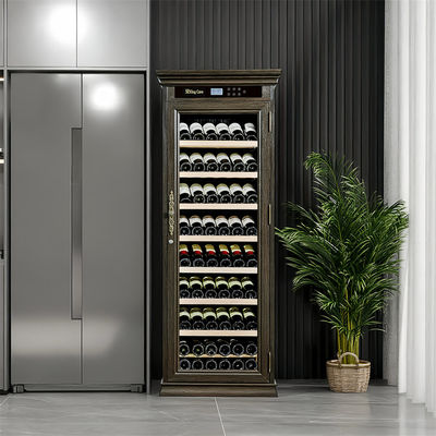 Classic Dark Brown Wood Wine Cooler With Touch Control Panel And Locker